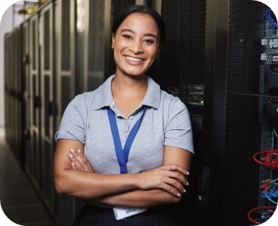 female customer support agent smiling at the camera